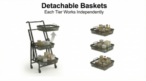 3 Tier Rolling Storage Cart Detachable Wire Mesh Baskets