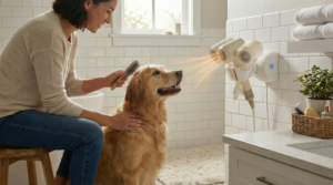 Hands Free Automatic Hair Dryer Stand Pet Grooming Scene