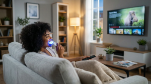 LED Blue Light Teeth Whitening Device Living Room Relaxation Scene
