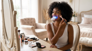 LED Blue Light Teeth Whitening Device Makeup Routine Scene