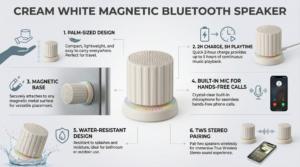 Magnetic Portable Waterproof Bluetooth Speaker Key Selling Features Graphic